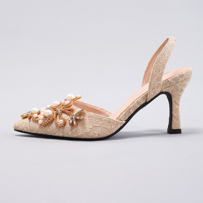 WEIBENA Women's Rhinestone Pearl High Heels Fabric Embroidery Glitter Sexy Pointed Gorgeous Wedding Sandals Cross-border European and American Style