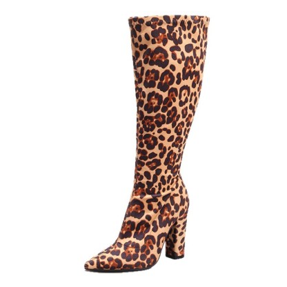 Fashion Leopard Print Long Boots Sexy Pointed Toe Side Zipper Chunky Heel Long Boots Party Prom Knee-High Boots Cross-Border Exclusive