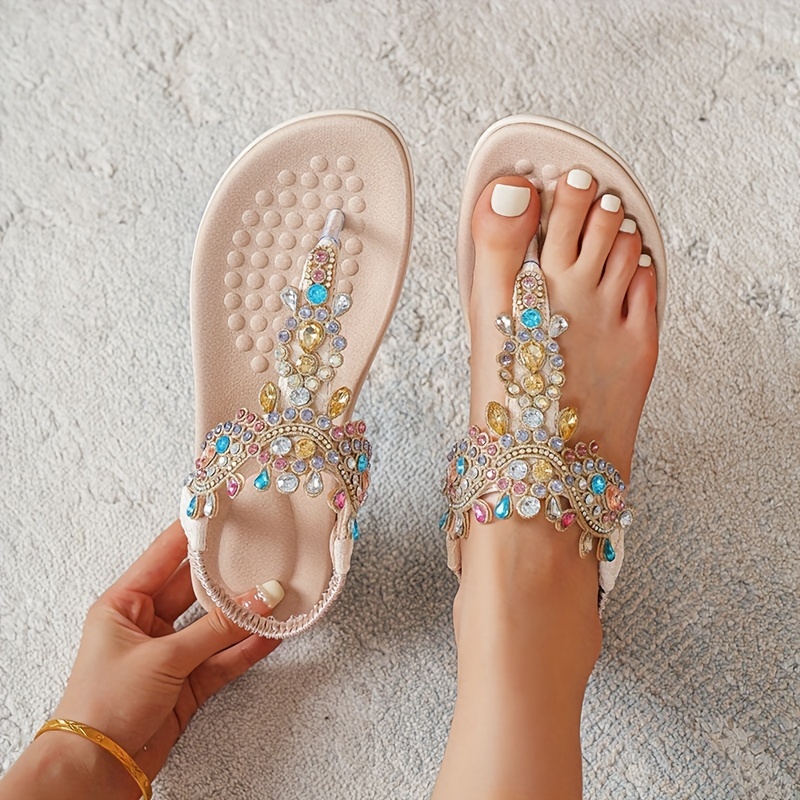 WEIBENA Colorful Rhinestone Thong Sandals for Women - Trendy Boho Style Beach Sandals with Elastic Band