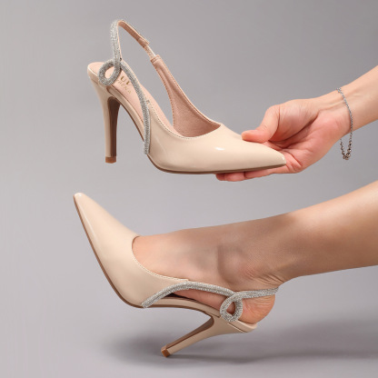 Women's Rhinestone High Heels Sexy Pointed Toe Gorgeous Party Prom Wedding Back Strap Open Heel Sandals Cross-Border Supply