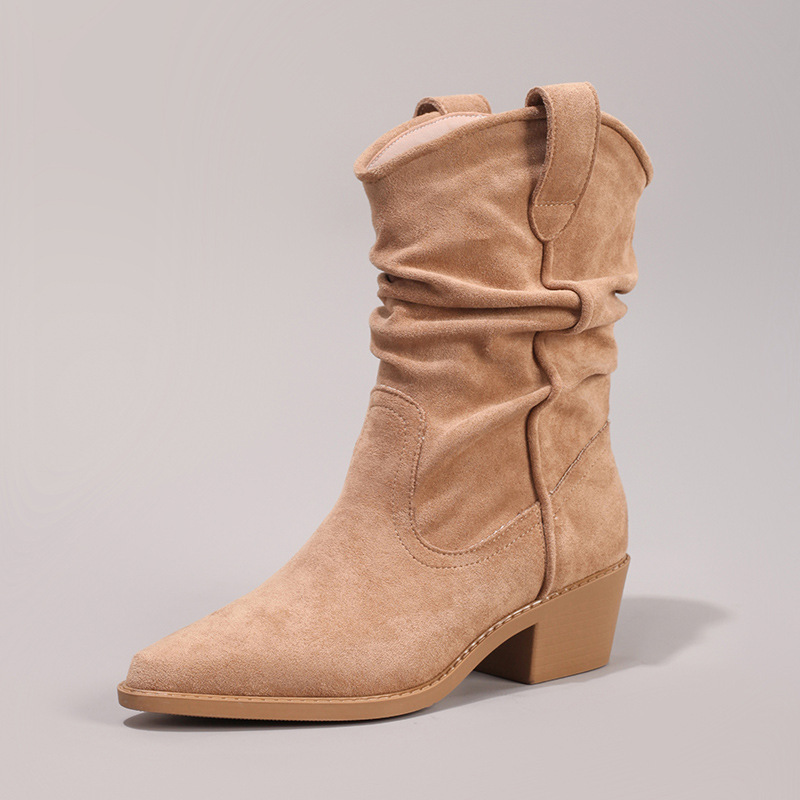 Women's Wrinkled Stretch Short Boots Slimming Slip-On Slouch Boots Pointed Toe Chunky Heel Casual Fashion Martin Boots