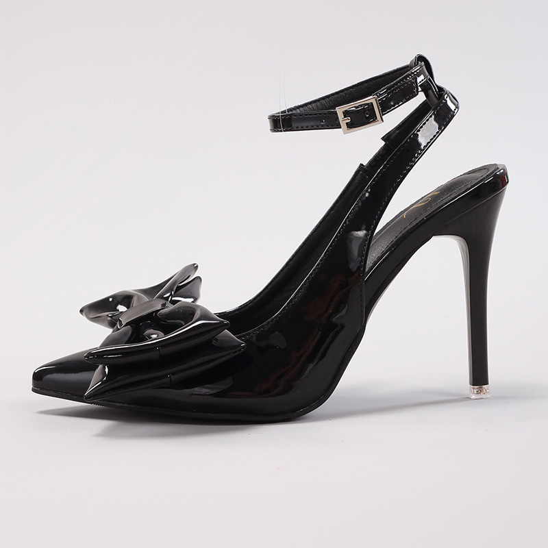 Butterfly Knot High Heel Sandals Patent Leather Elegant Sexy Pointed Toe Wedding Banquet Party Back Strap Sandals Cross-border European and American