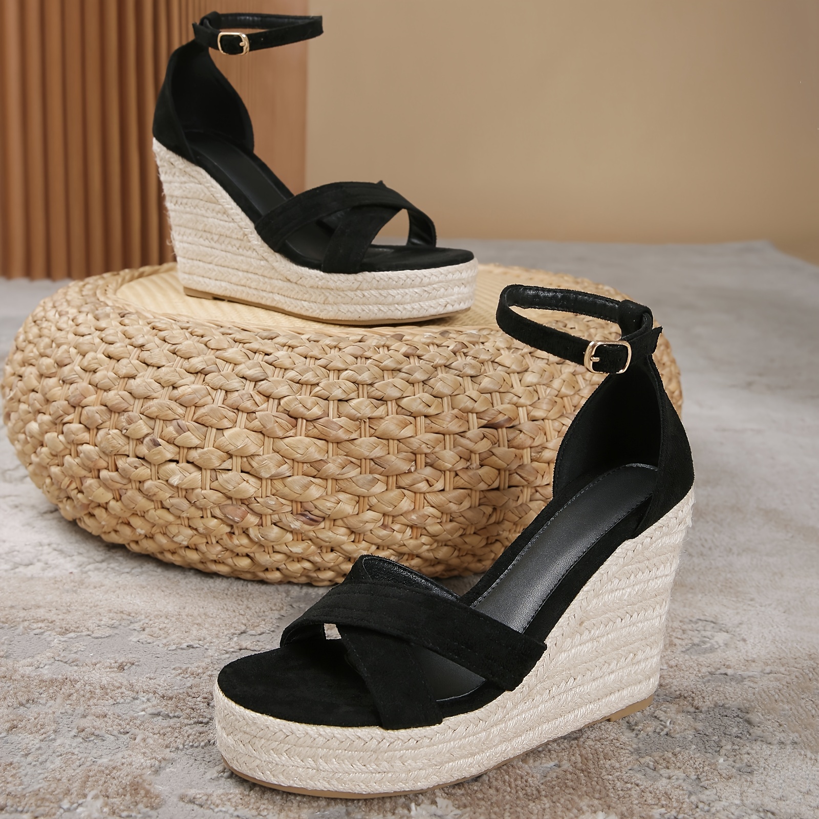 WEIBENA Women's Cross Strap Espadrilles Wedge Sandals, Lightweight Open Toe Ankle Strap Platform Heels, Daily Beach Shoes For Ladies