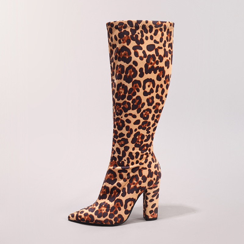 Fashion Leopard Print Long Boots Sexy Pointed Toe Side Zipper Chunky Heel Long Boots Party Prom Knee-High Boots Cross-Border Exclusive