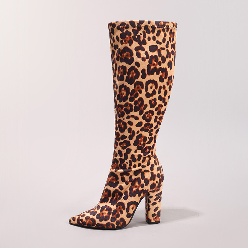 Fashion Leopard Print Long Boots Sexy Pointed Toe Side Zipper Chunky Heel Long Boots Party Prom Knee-High Boots Cross-Border Exclusive