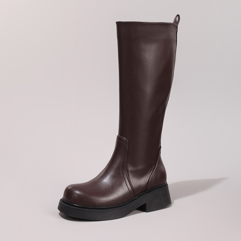 Stretch High Tube Long Boots Simple Slip-On Soft Thick Sole Knee-High Boots Round Toe Chunky Heel Casual Fashion Cross-Border Exclusive