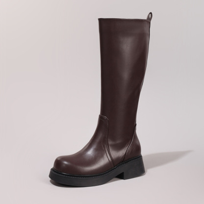 Stretch High Tube Long Boots Simple Slip-On Soft Thick Sole Knee-High Boots Round Toe Chunky Heel Casual Fashion Cross-Border Exclusive