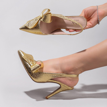 WEIBENA Bow High Heel Sandals Glossy Pu Elegant Sexy Pointed Toe Strap Women's Cross-Border European and American Sandals after Wedding Banquet