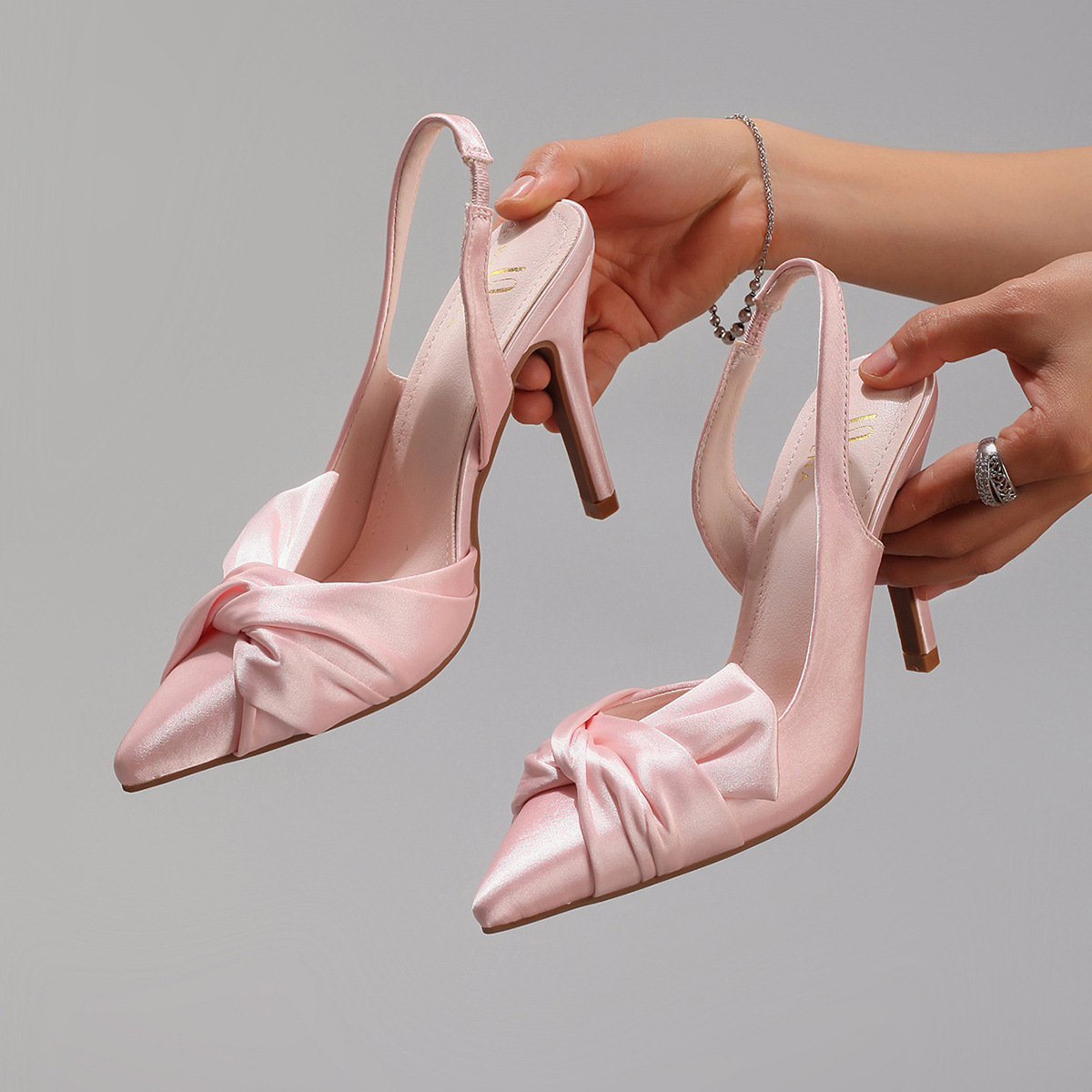 Twist Decor High Heels Romantic Sexy Pointed Toe Party Prom Satin Fashion Stiletto Sandals Cross-border European and American