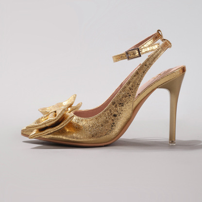 Butterfly Knot High Heel Sandals Patent Leather Elegant Sexy Pointed Toe Wedding Banquet Party Back Strap Sandals Cross-border European and American