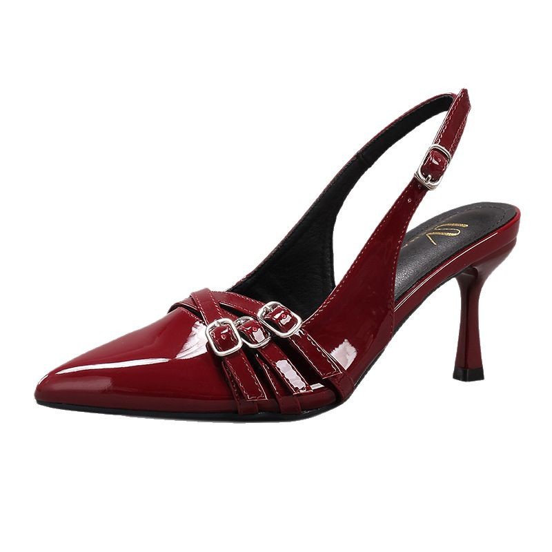 WEIBENA Women's High Heels with Metal Buckle Decoration, Burgundy Sexy Pointed Toe Kitten Heels, Fashion Party Sandals, Cross-border