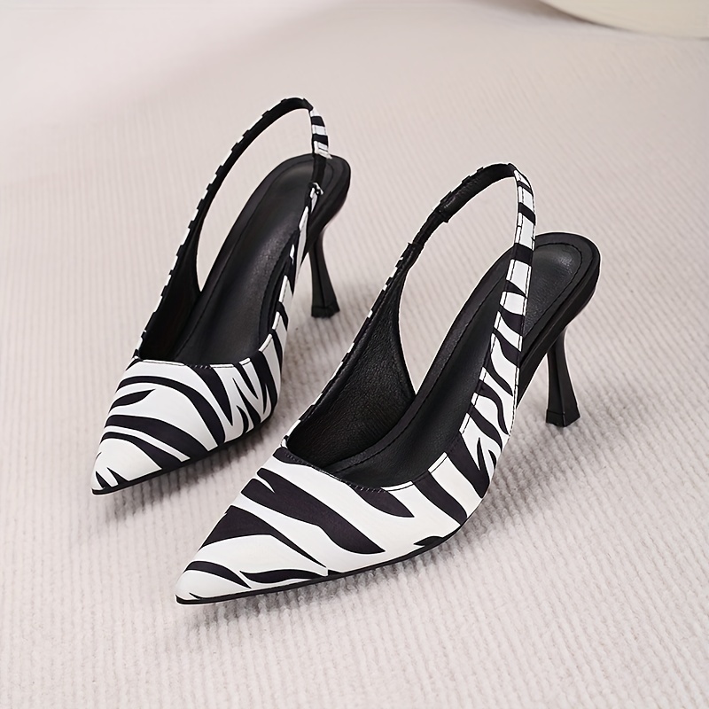 WEIBENA Women's Zebra Pattern Stiletto Heels, Fashion Point Toe Dress Pumps, Stylish Slingback Heels
