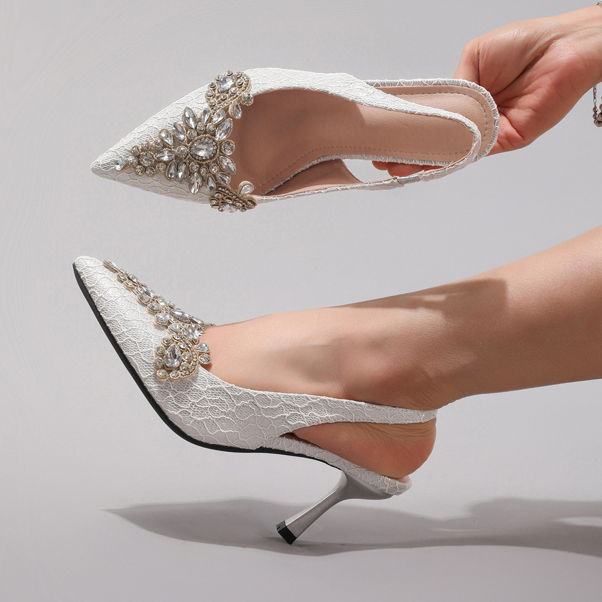 Rhinestone Women's Sexy Pointed Toe Pearl High Heels Fabric Embroidery Glitter Gorgeous Wedding Sandals Cross-border European and American Style