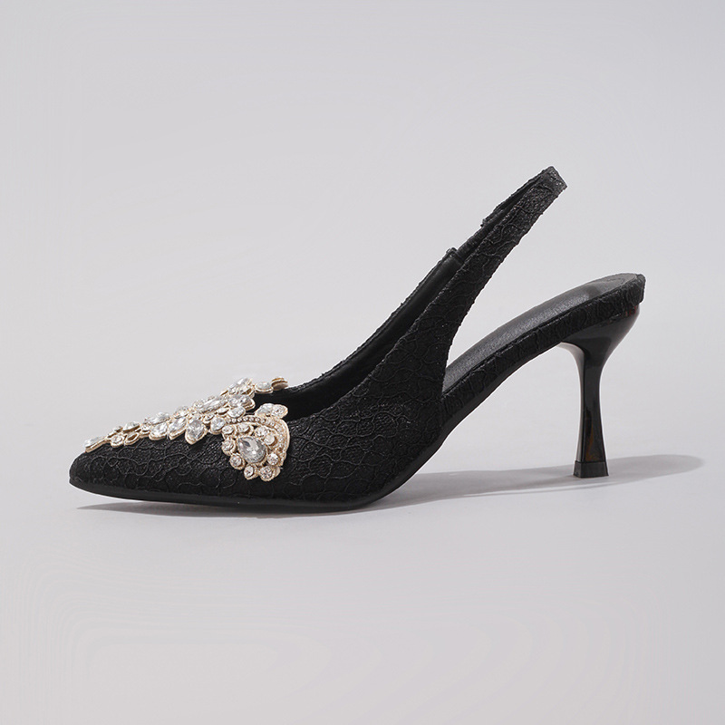 Rhinestone Women's Sexy Pointed Toe Pearl High Heels Fabric Embroidery Glitter Gorgeous Wedding Sandals Cross-border European and American Style