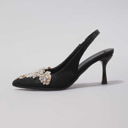 Rhinestone Women's Sexy Pointed Toe Pearl High Heels Fabric Embroidery Glitter Gorgeous Wedding Sandals Cross-border European and American Style