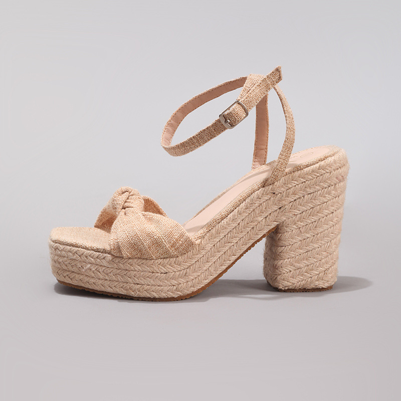 Jute Rope Wedge Thick Sole Sandals with Knotted Strap Summer Casual Vacation Waterproof Platform High Heels Cross-Border European and American Style