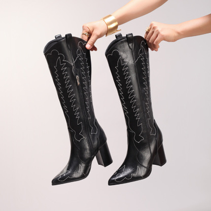 Women's Embroidered Long Boots Sexy Pointed Toe Chunky Heel Knee-High Boots Side Zipper Casual Autumn Winter High Heel Fashion Long Boots