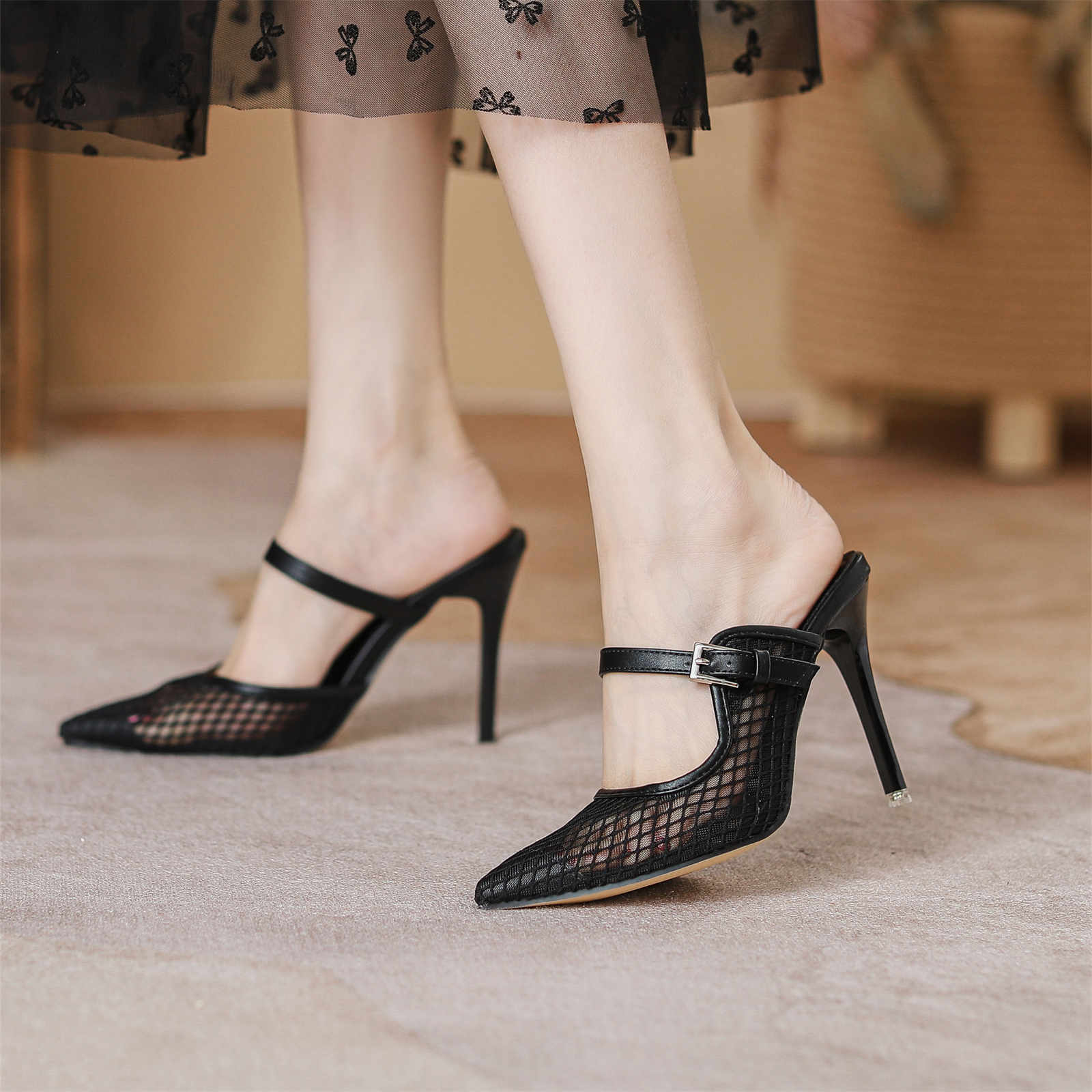 WEIBENA Women's Summer Lace High Heels, Pointed, Sexy Cat Heel Sandals, Party Fashion, Open Heels, Breathable High Heels Women's Shoes