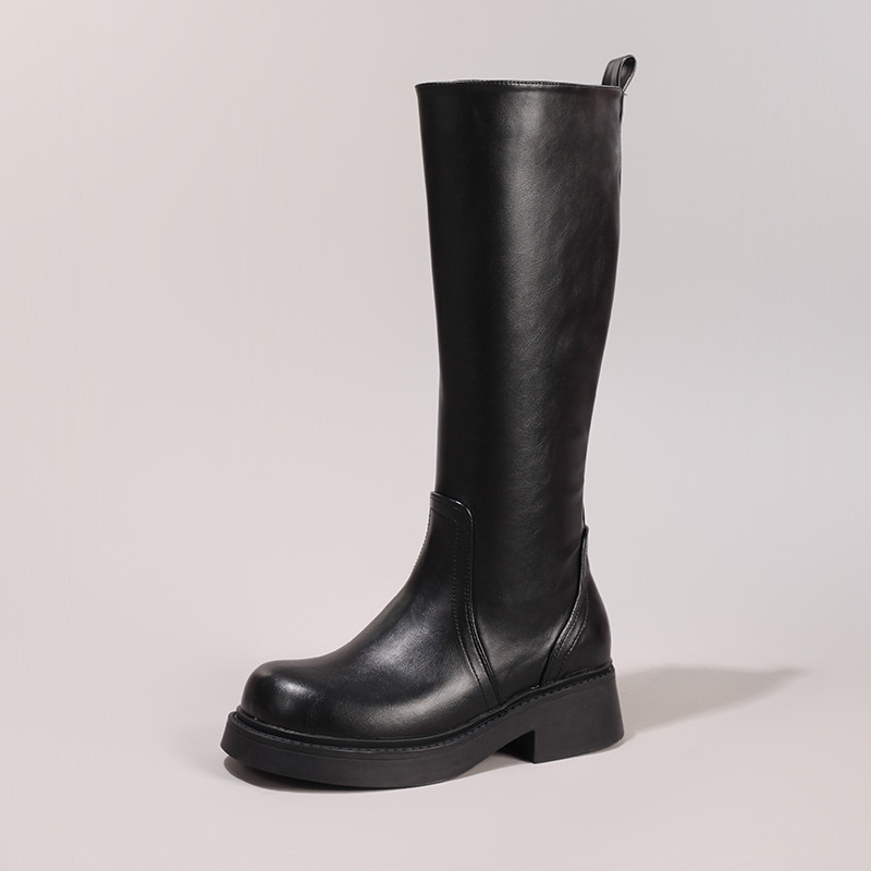 Stretch High Tube Long Boots Simple Slip-On Soft Thick Sole Knee-High Boots Round Toe Chunky Heel Casual Fashion Cross-Border Exclusive