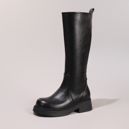 Stretch High Tube Long Boots Simple Slip-On Soft Thick Sole Knee-High Boots Round Toe Chunky Heel Casual Fashion Cross-Border Exclusive