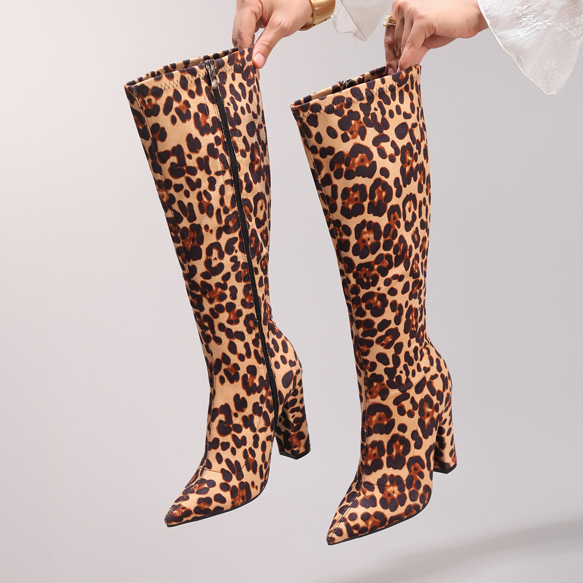 Fashion Leopard Print Long Boots Sexy Pointed Toe Side Zipper Chunky Heel Long Boots Party Prom Knee-High Boots Cross-Border Exclusive