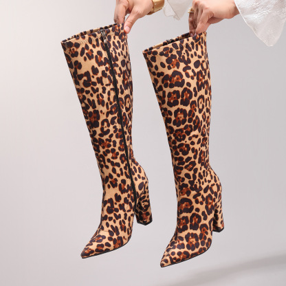 Fashion Leopard Print Long Boots Sexy Pointed Toe Side Zipper Chunky Heel Long Boots Party Prom Knee-High Boots Cross-Border Exclusive