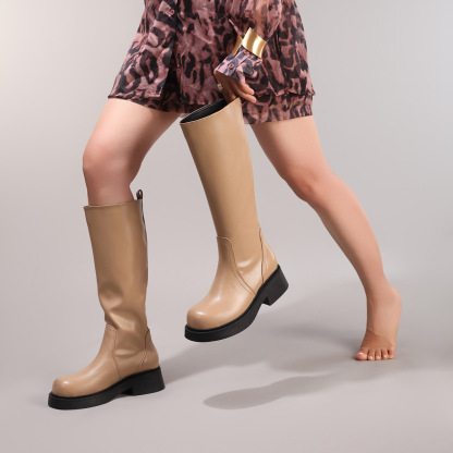 Stretch High Tube Long Boots Simple Slip-On Soft Thick Sole Knee-High Boots Round Toe Chunky Heel Casual Fashion Cross-Border Exclusive