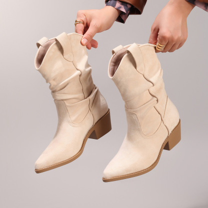 Women's Wrinkled Stretch Short Boots Slimming Slip-On Slouch Boots Pointed Toe Chunky Heel Casual Fashion Martin Boots