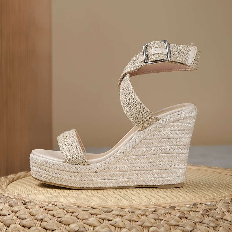 Women's Platform Wedge Espadrille Sandals, Lightweight Ankle Buckle Strap Shoes, Comfortable Open Toe Heels