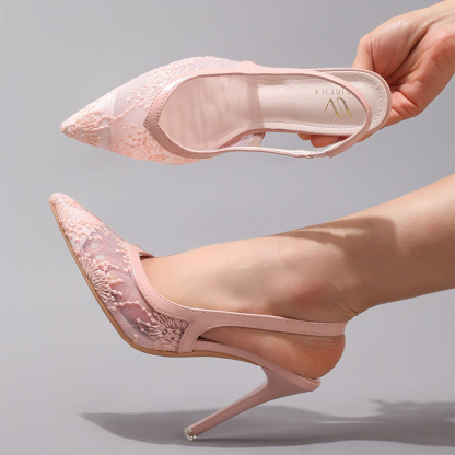Fashion Lace Patchwork High Heels for Women Summer Elegant Sexy Pointed Toe Party Wedding Stiletto Sandals Cross-Border Exclusive