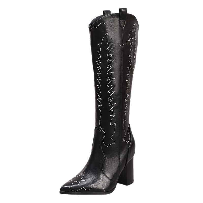 Women's Embroidered Long Boots Sexy Pointed Toe Chunky Heel Knee-High Boots Side Zipper Casual Autumn Winter High Heel Fashion Long Boots