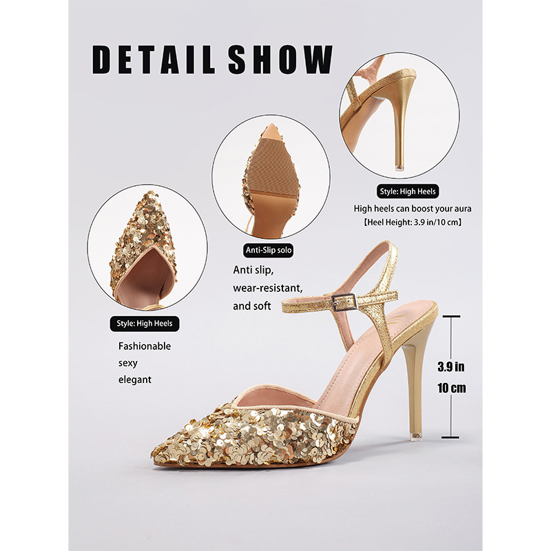 WEIBENA Sequin Gold High Heels Women Sexy Pointed Toe Elegant Party Gold Super High Heel Sandals Exclusive for Cross-Border European and American Style
