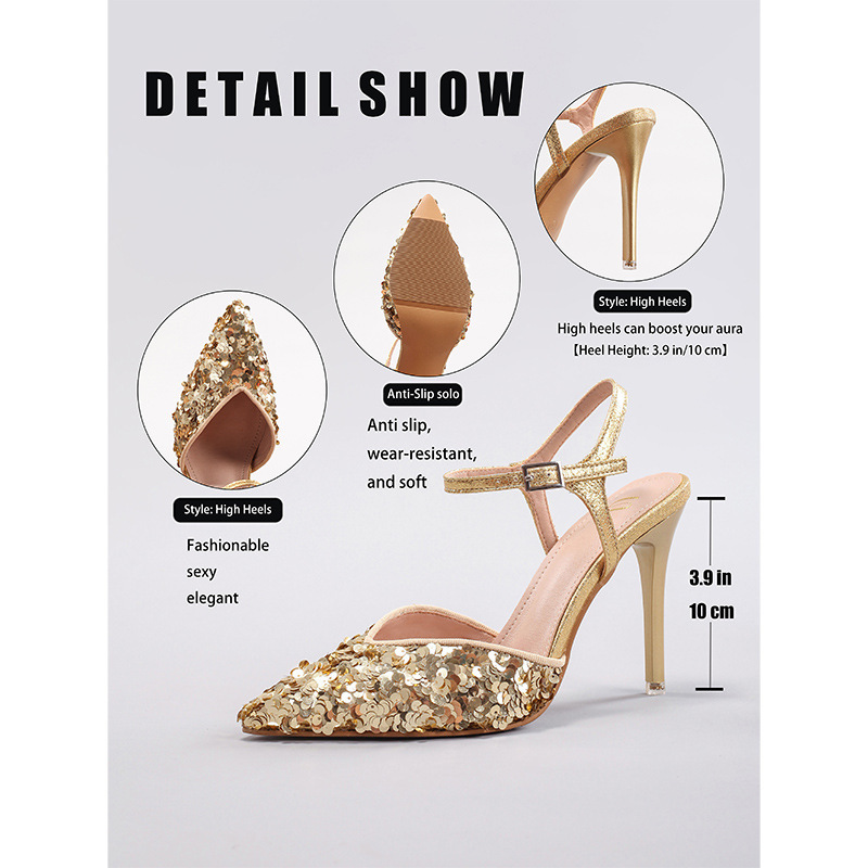 WEIBENA Sequin Gold High Heels Women Sexy Pointed Toe Elegant Party Gold Super High Heel Sandals Exclusive for Cross-Border European and American Style
