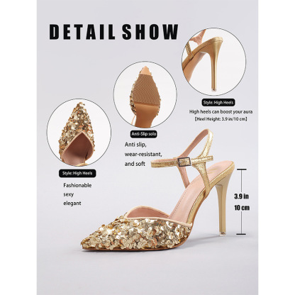 WEIBENA Sequin Gold High Heels Women Sexy Pointed Toe Elegant Party Gold Super High Heel Sandals Exclusive for Cross-Border European and American Style