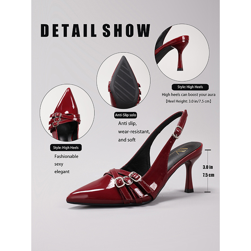 WEIBENA Women's High Heels with Metal Buckle Decoration, Burgundy Sexy Pointed Toe Kitten Heels, Fashion Party Sandals, Cross-border