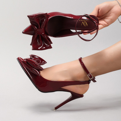 Butterfly Knot High Heel Sandals Patent Leather Elegant Sexy Pointed Toe Wedding Banquet Party Back Strap Sandals Cross-border European and American