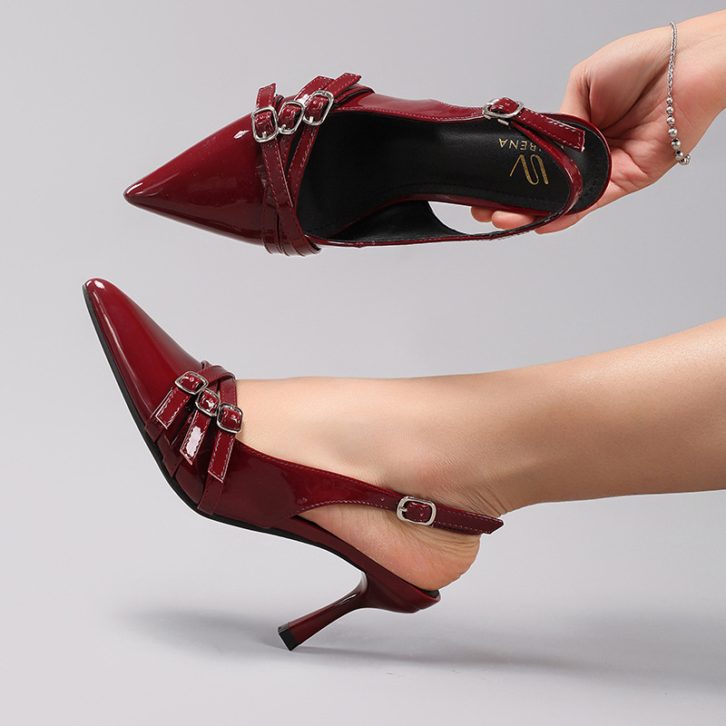 WEIBENA Women's High Heels with Metal Buckle Decoration, Burgundy Sexy Pointed Toe Kitten Heels, Fashion Party Sandals, Cross-border