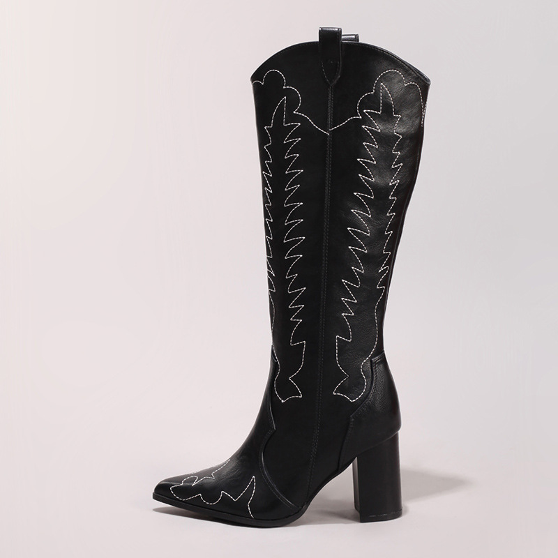 Women's Embroidered Long Boots Sexy Pointed Toe Chunky Heel Knee-High Boots Side Zipper Casual Autumn Winter High Heel Fashion Long Boots
