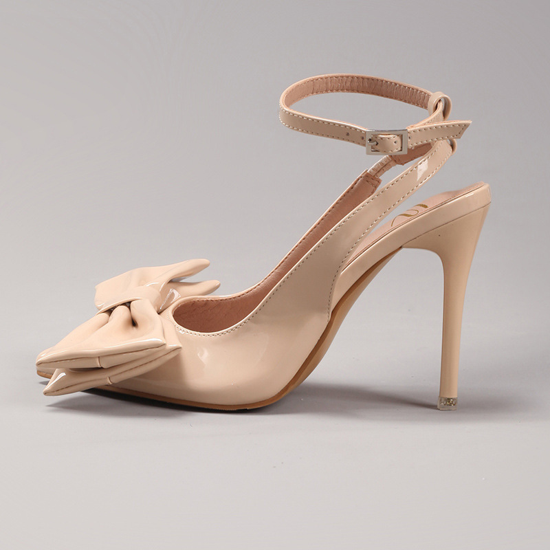 Butterfly Knot High Heel Sandals Patent Leather Elegant Sexy Pointed Toe Wedding Banquet Party Back Strap Sandals Cross-border European and American