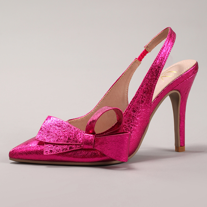 WEIBENA Bow High Heel Sandals Glossy Pu Elegant Sexy Pointed Toe Strap Women's Cross-Border European and American Sandals after Wedding Banquet