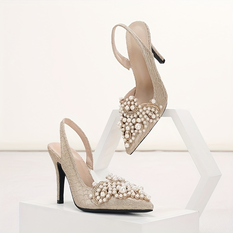 WEIBENA Elegant Women's Faux Pearl Stiletto Heels - Pointed Toe Slingback Pumps for Fashionable Weddings