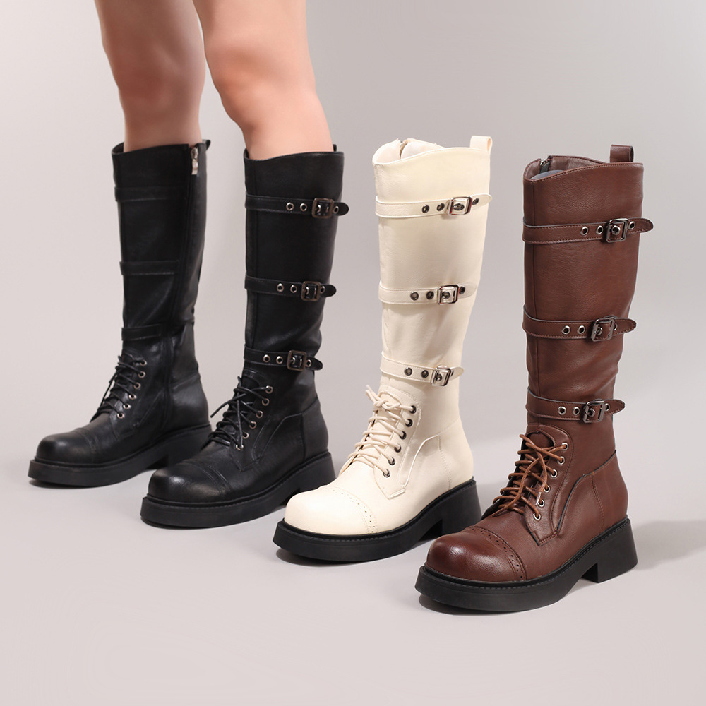 2025 Super Hot Boots Thick Heel Platform Fashion Long Boots Round Toe Thick Heel Slimming Versatile Knee-High Boots Cross-Border Exclusive