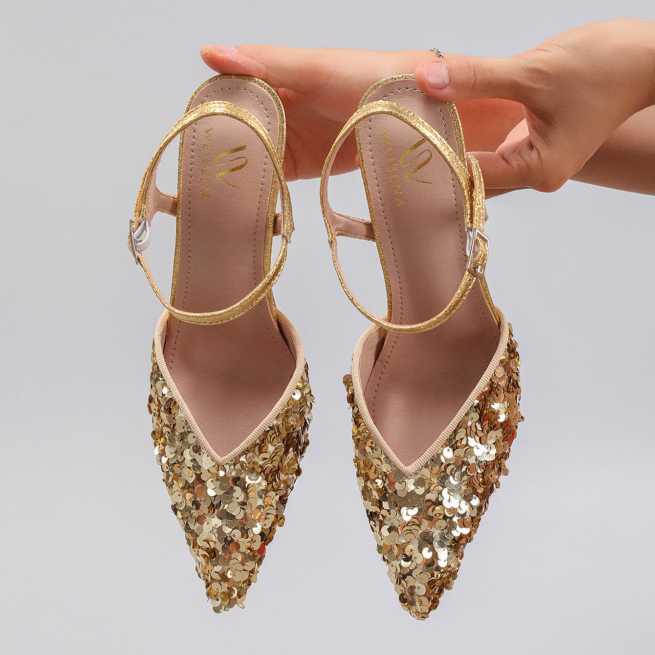WEIBENA Sequin Gold High Heels Women Sexy Pointed Toe Elegant Party Gold Super High Heel Sandals Exclusive for Cross-Border European and American Style