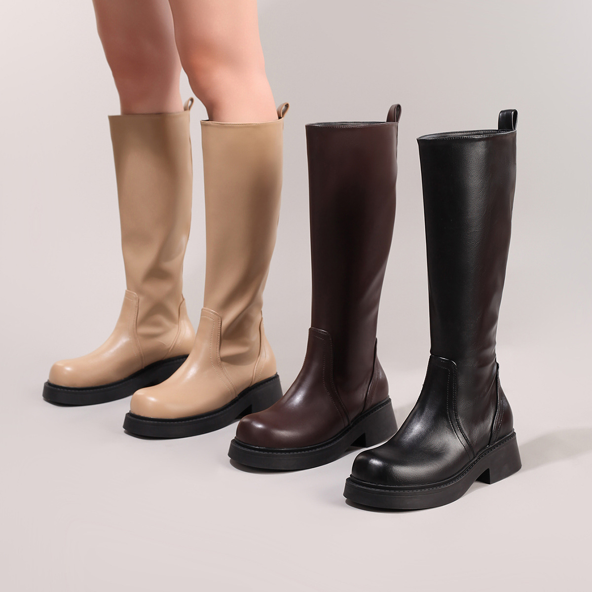 Stretch High Tube Long Boots Simple Slip-On Soft Thick Sole Knee-High Boots Round Toe Chunky Heel Casual Fashion Cross-Border Exclusive