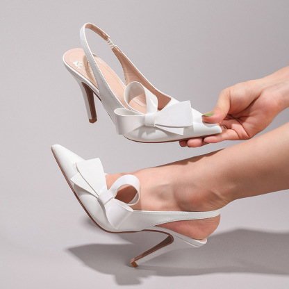 WEIBENA Bow High Heel Sandals Glossy Pu Elegant Sexy Pointed Toe Strap Women's Cross-Border European and American Sandals after Wedding Banquet