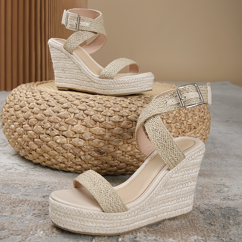 Women's Platform Wedge Espadrille Sandals, Lightweight Ankle Buckle Strap Shoes, Comfortable Open Toe Heels