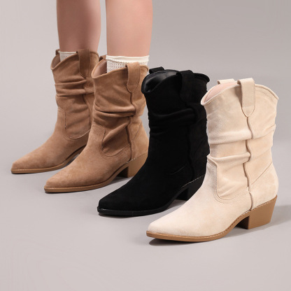 Women's Wrinkled Stretch Short Boots Slimming Slip-On Slouch Boots Pointed Toe Chunky Heel Casual Fashion Martin Boots