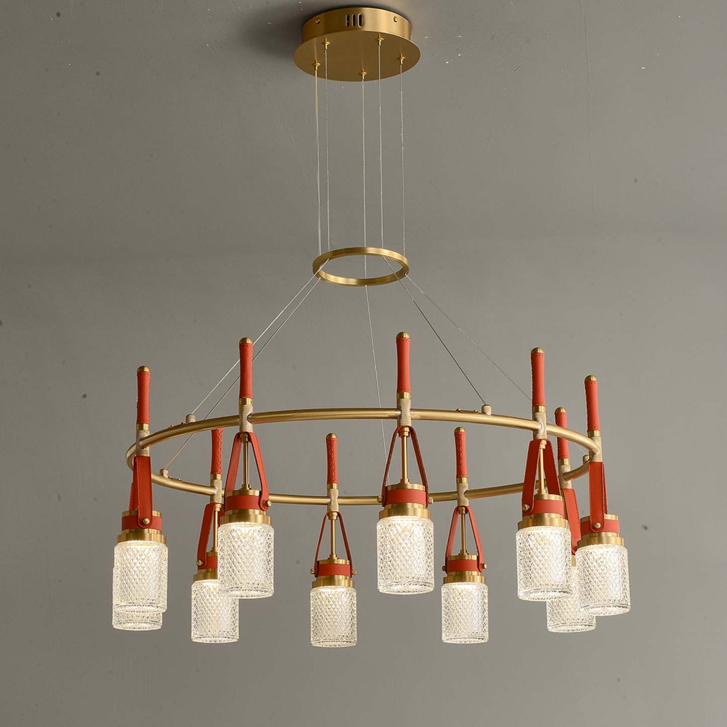 Luxury  Full Copper Red Leather Chandelier