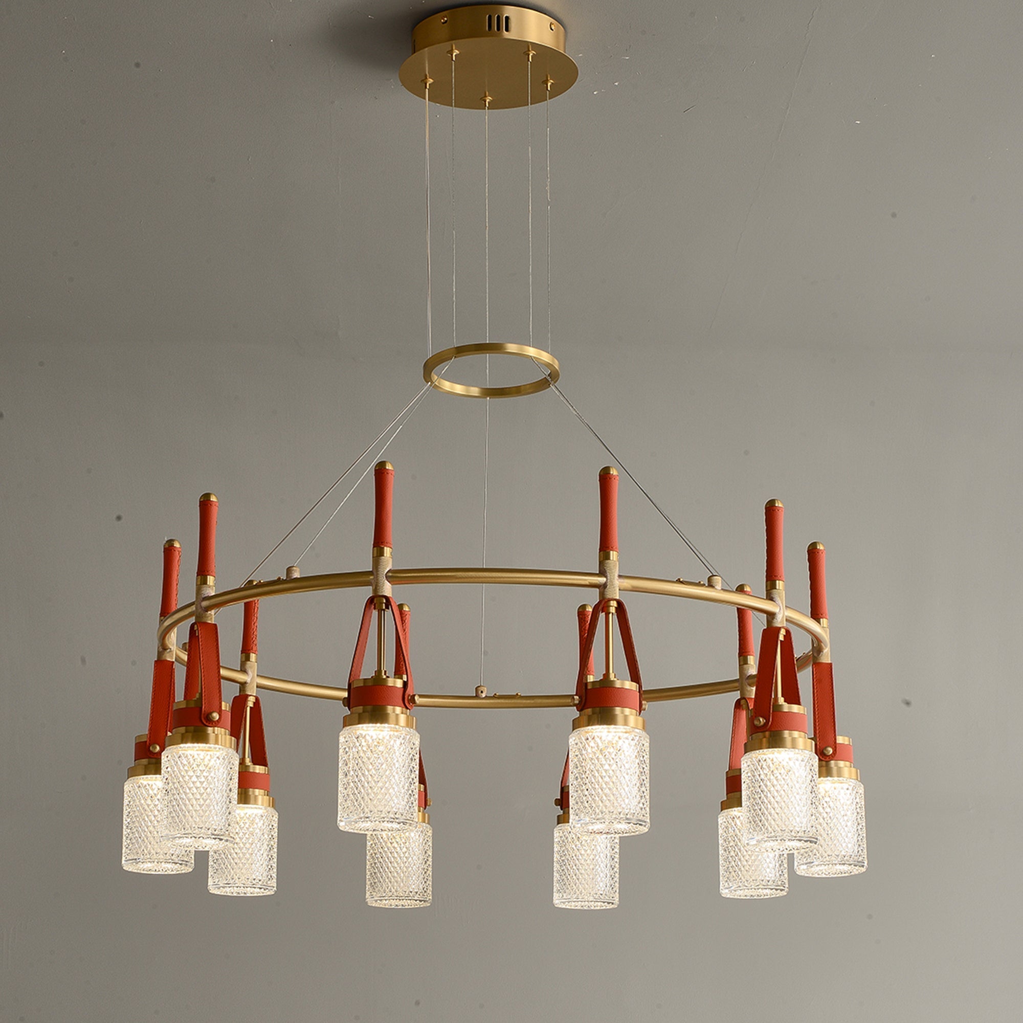 Luxury  Full Copper Red Leather Chandelier
