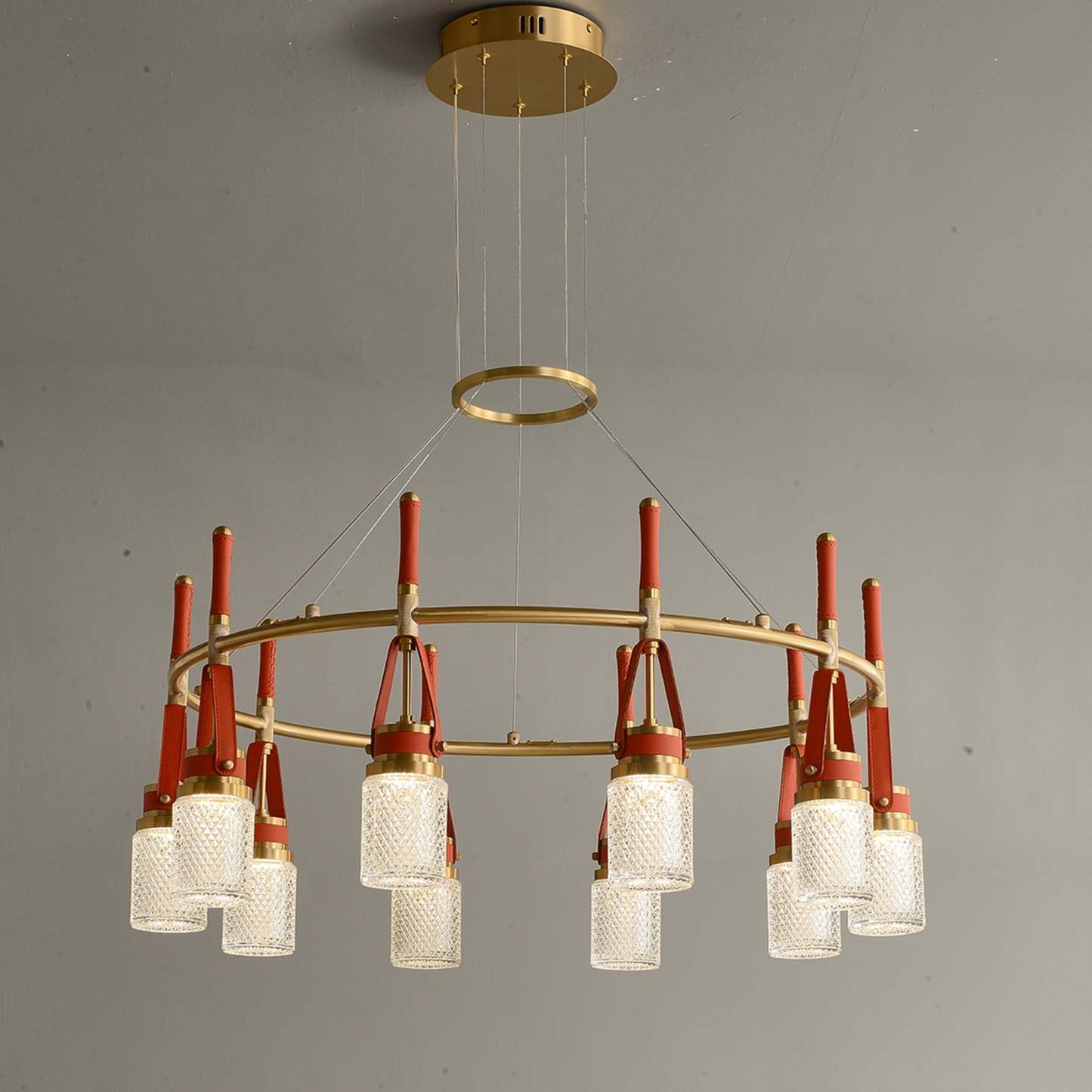 Luxury  Full Copper Red Leather Chandelier